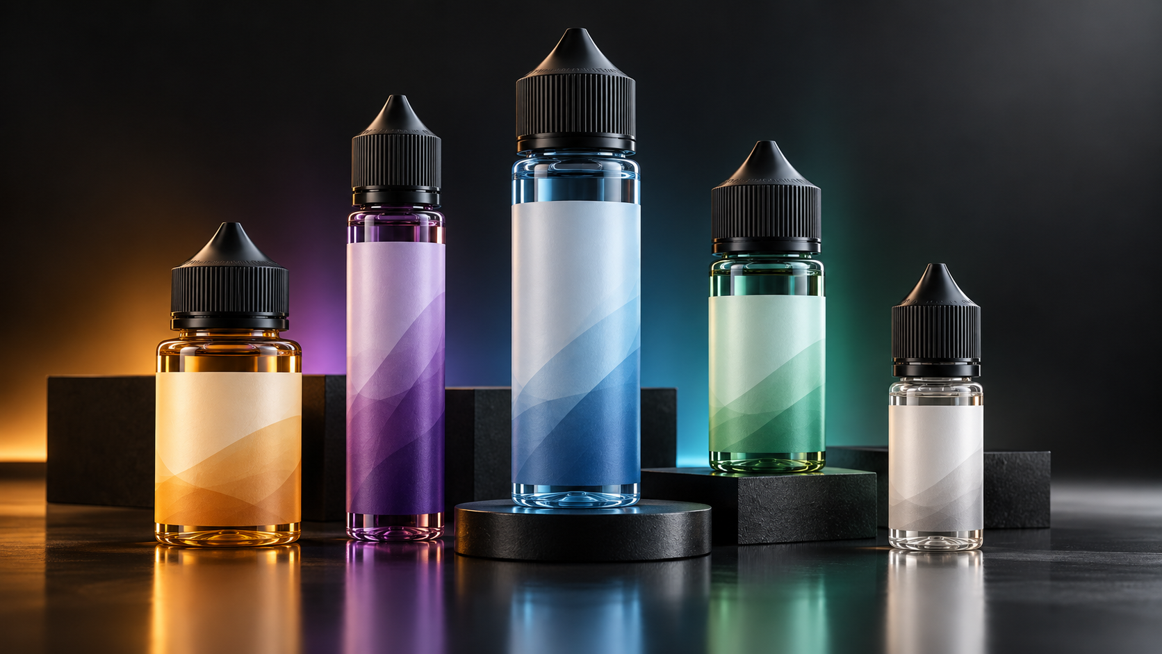 Coordinated private-label e-liquid bottle range in five flavor colors